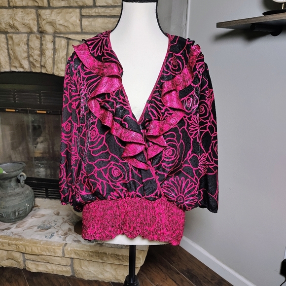 Mosaic Pink and Black Floral Blouse - Picture 1 of 5